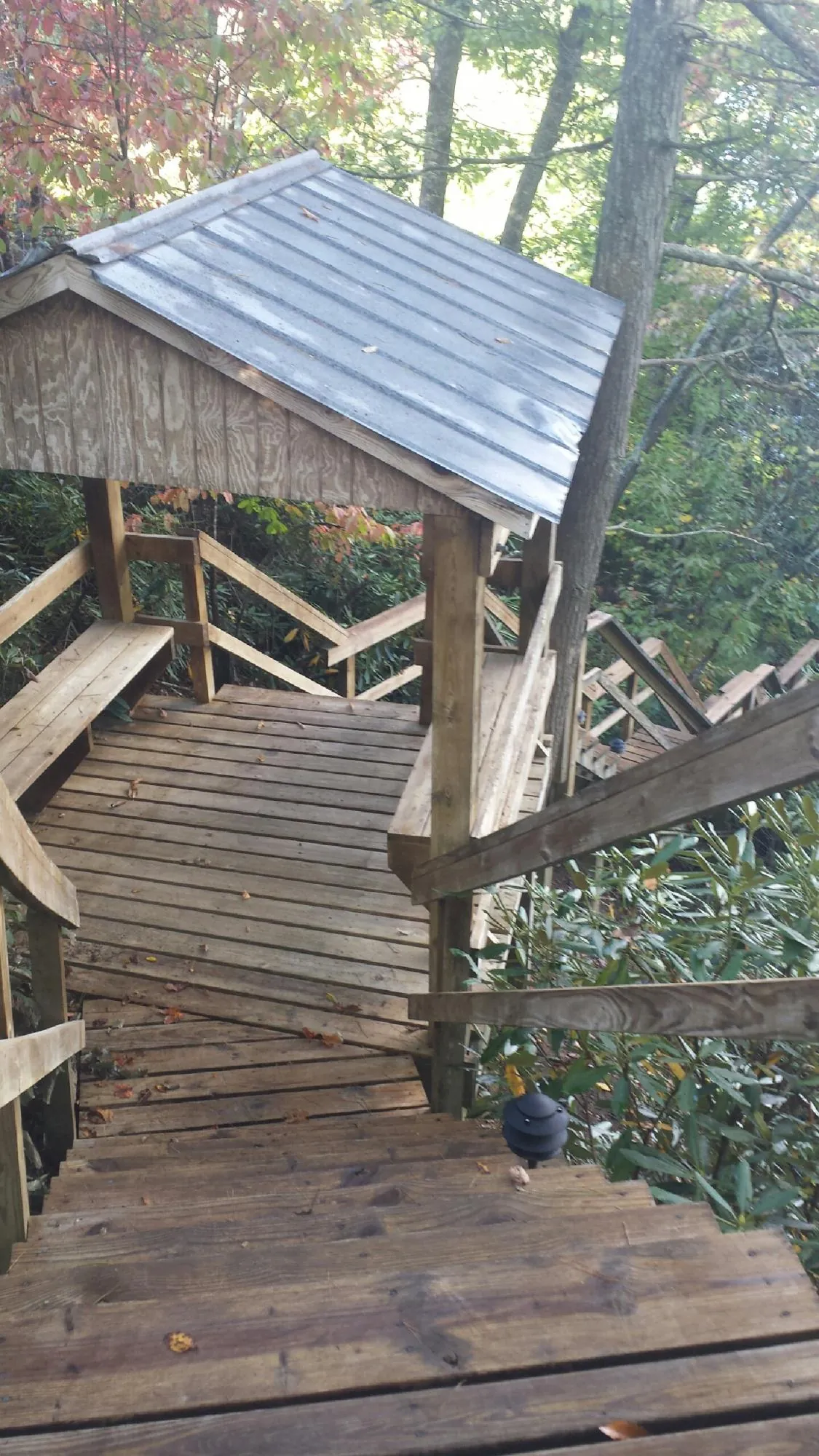 Metal roofed shelter over wooden steps on a wooded walkway — Skylight Repair & Installation work by our crew in Lovelock